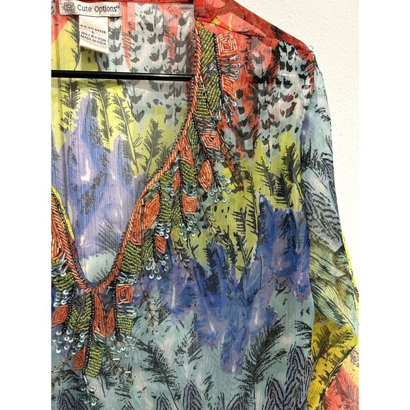 Cute Options Bohemian Multicolor Sheer Tunic Top Sz Large Embellished Beaded - Picture 4 of 8
